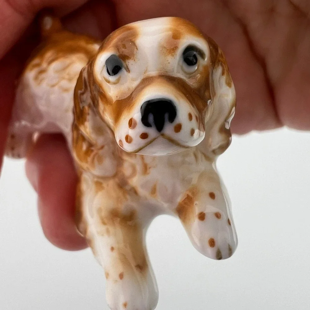 Glossy‎ Brown & White Spaniel Dog Figurine Play Stance 2 Inch Ceramic Puppy